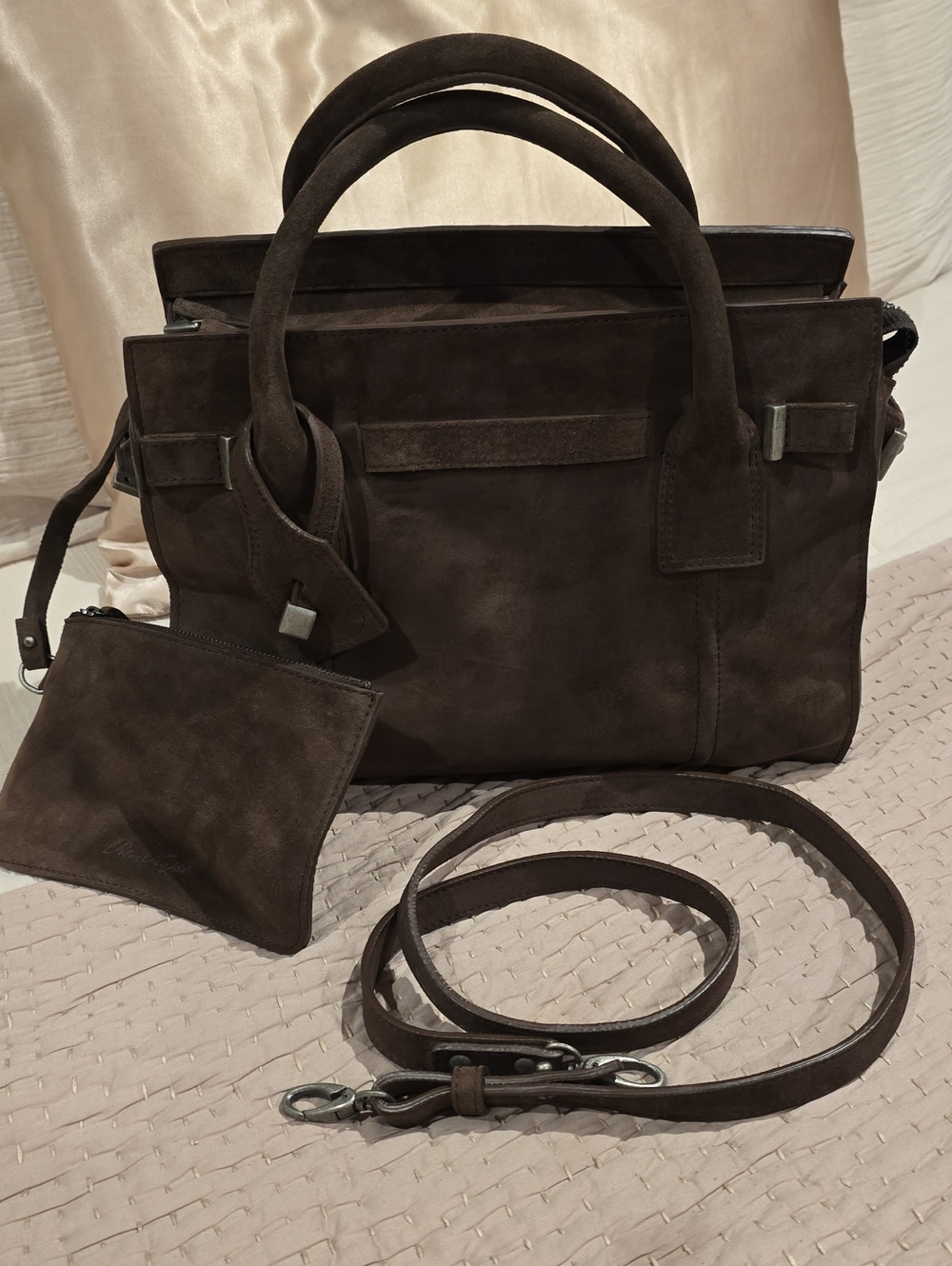 Peter Nappi, Suede Top Handle Handbag With Zip Pouch with Embossed Logo